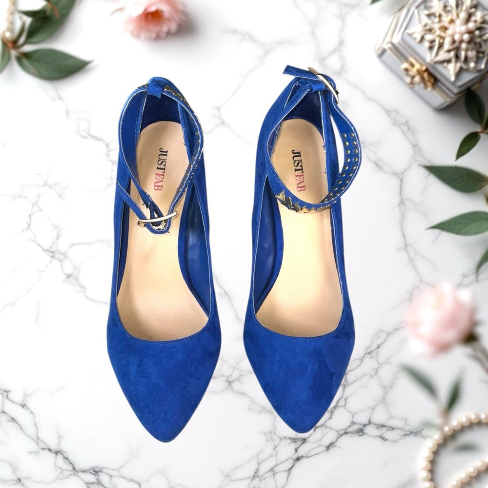 Just Fab Verona Blue Fabric Ankle Strap w Gold Arrows on Strap Stilettos Wm 10